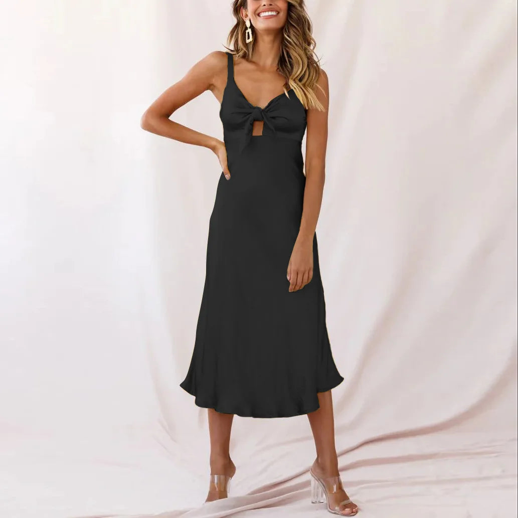 Halter Fashion Elastic Imitation Silk Pink Birthday Midi Dresses