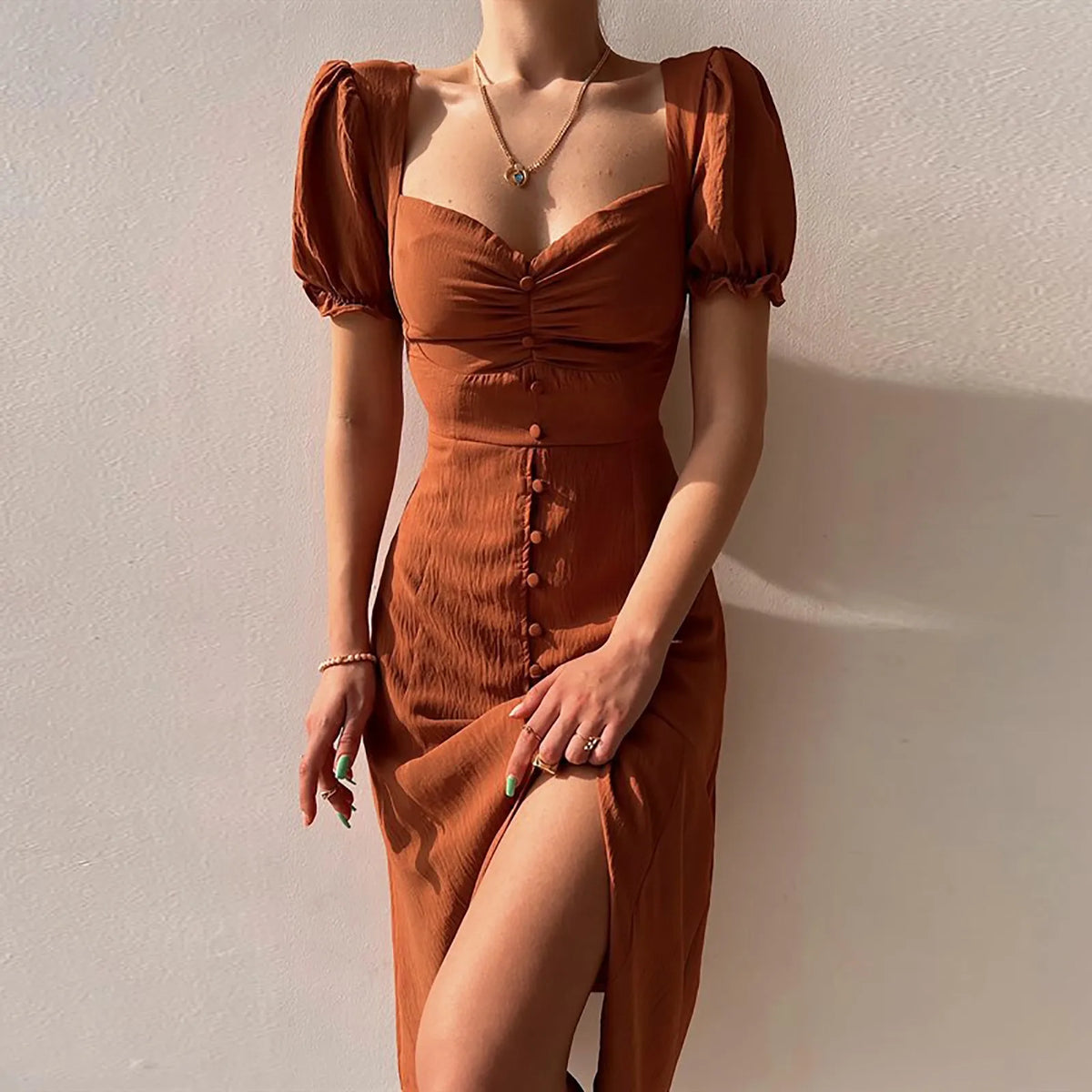 Relaxed Solid Square Neck Aline Pleated Midi Dress