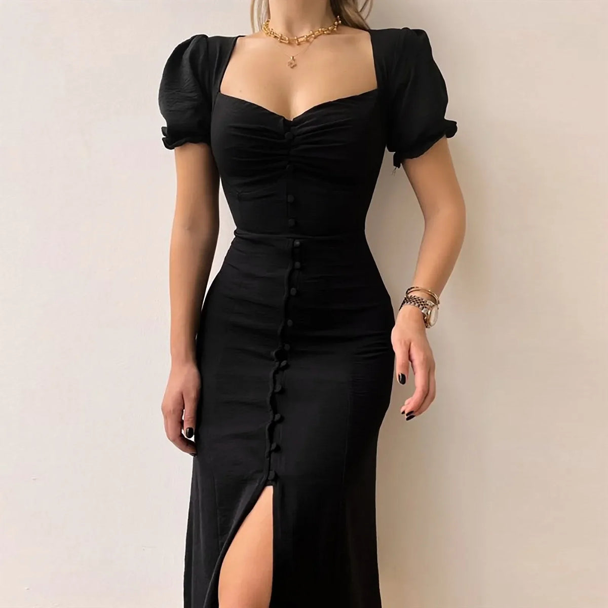 Relaxed Solid Square Neck Aline Pleated Midi Dress