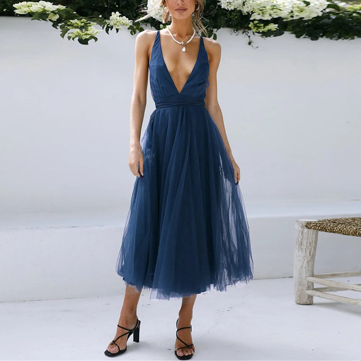 Empire LaceUp Waist Deep VNeck Backless Tulle Bridesmaid Midi Dress