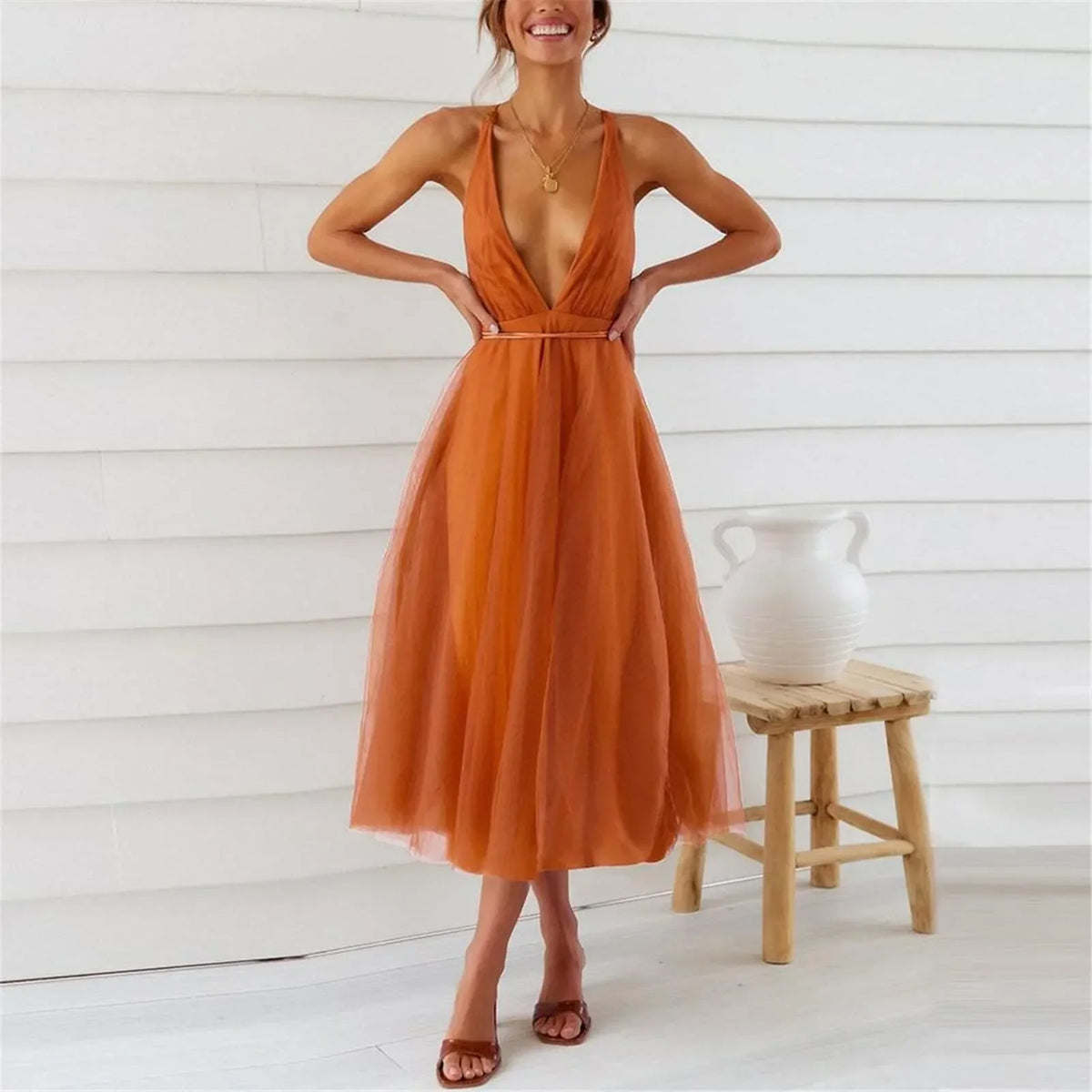 Empire LaceUp Waist Deep VNeck Backless Tulle Bridesmaid Midi Dress
