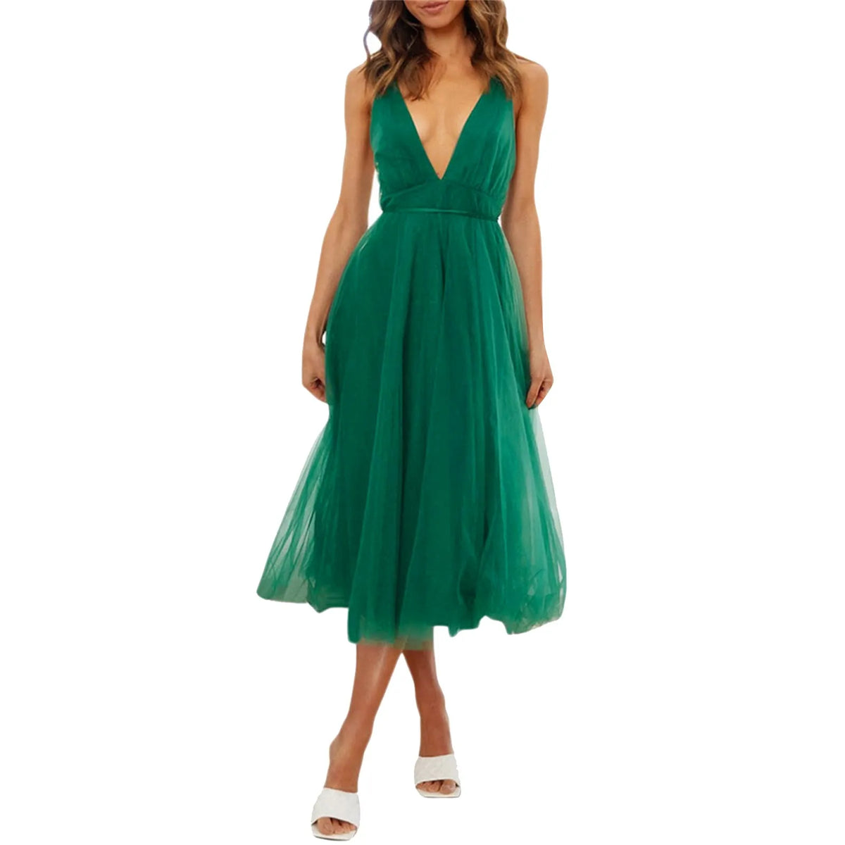 Empire LaceUp Waist Deep VNeck Backless Tulle Bridesmaid Midi Dress