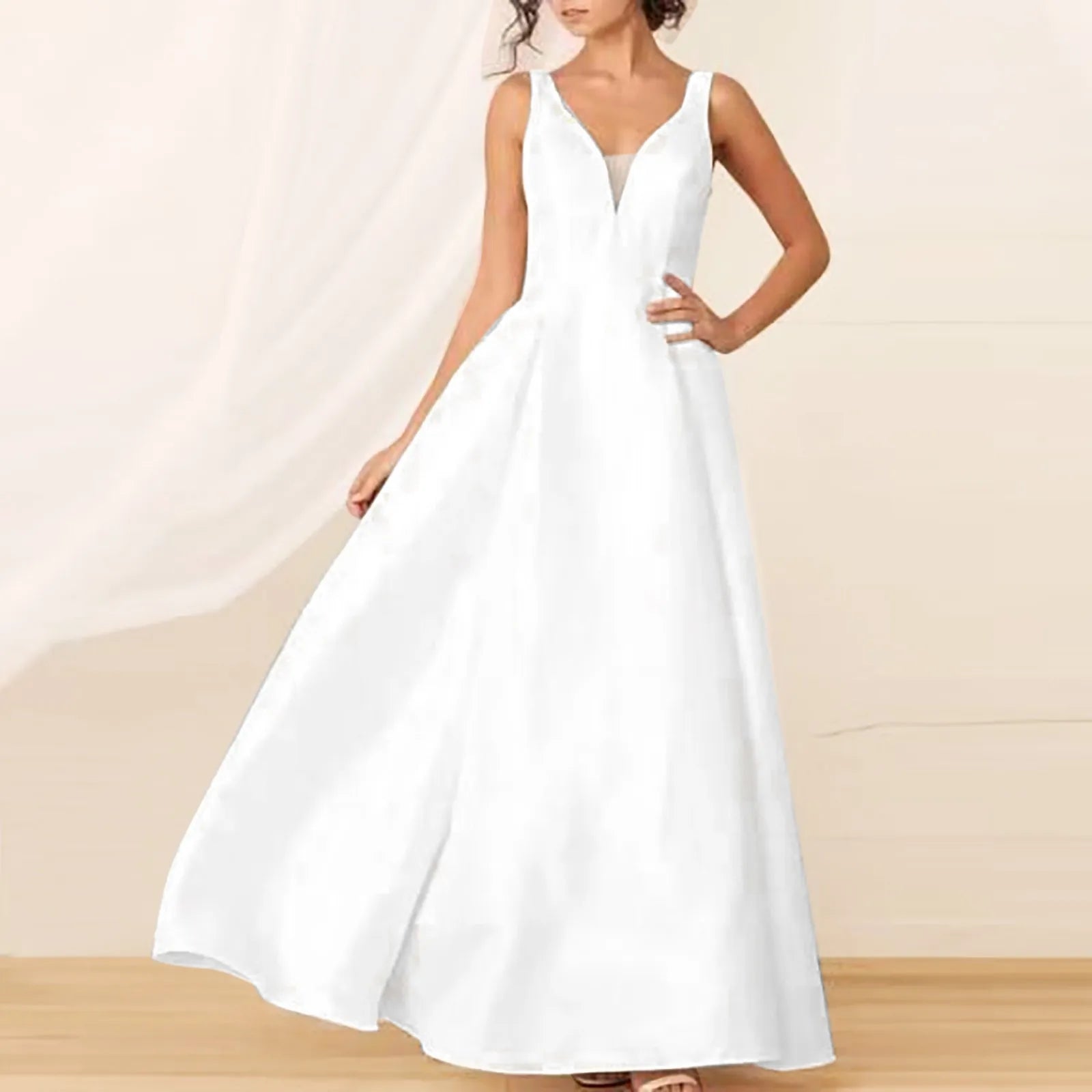 Graceful White Long Maxi Fashion Casual V Neck Sleeveless Slim Solid Color Party Wedding Dress
