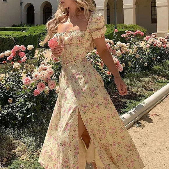 Botanical Spring French Backless Slimfit Halter Trending Midi Dresses