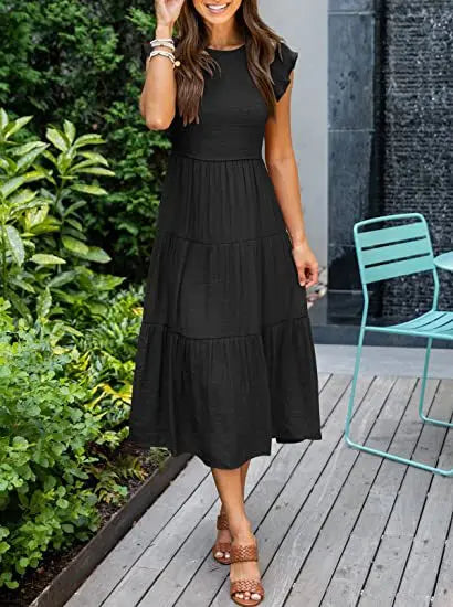 Swing Solid Sleeve Midi Dress