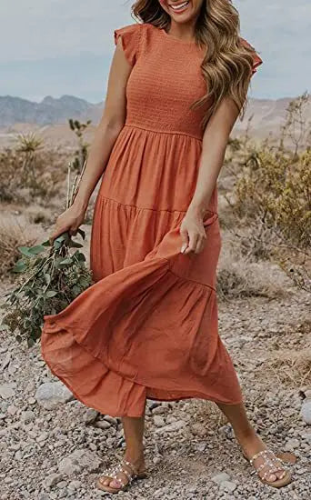 Swing Solid Sleeve Midi Dress