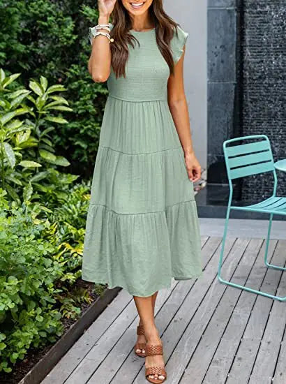 Swing Solid Sleeve Midi Dress