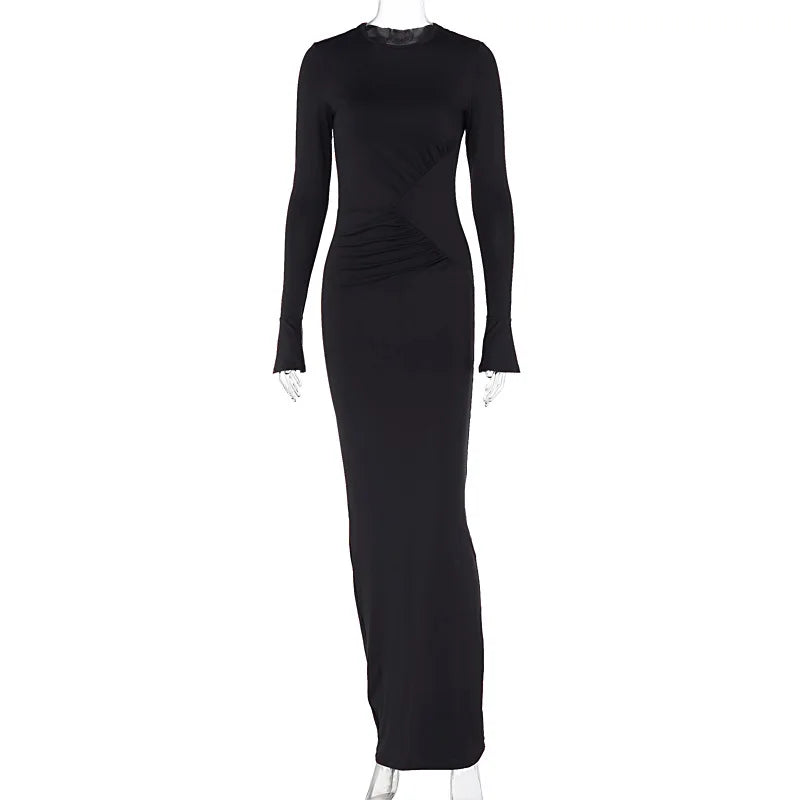 Women's Maxi Autumn Winter New Solid Crewneck Personality Pleated Sophisticated Vestidos Midi Dresses