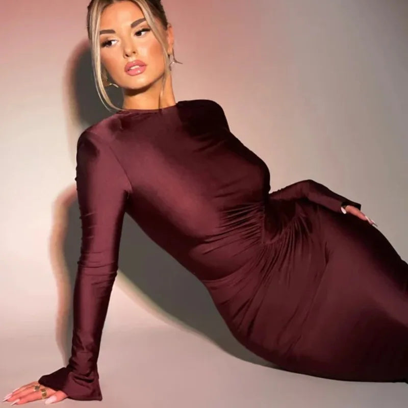 Women's Maxi Autumn Winter New Solid Crewneck Personality Pleated Sophisticated Vestidos Midi Dresses
