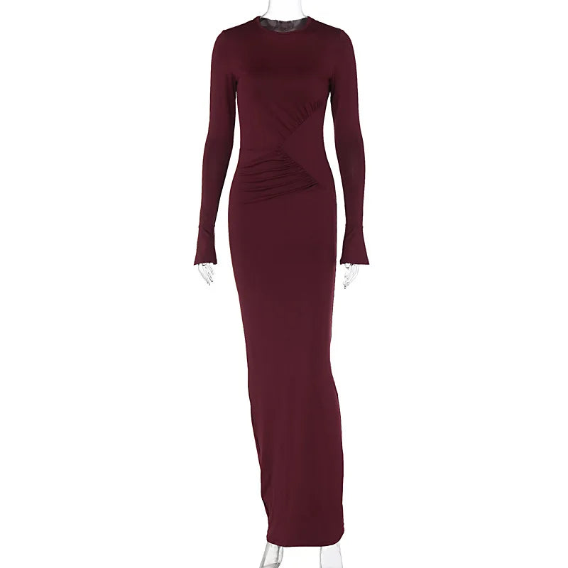 Women's Maxi Autumn Winter New Solid Crewneck Personality Pleated Sophisticated Vestidos Midi Dresses