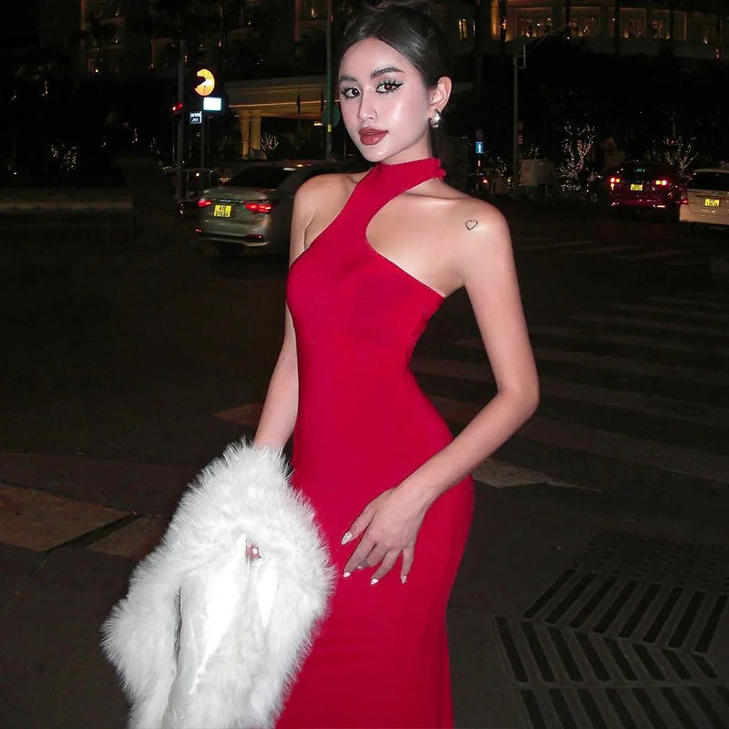 Spring Sleeveless Halter Puss Refined Club Midi Dresses