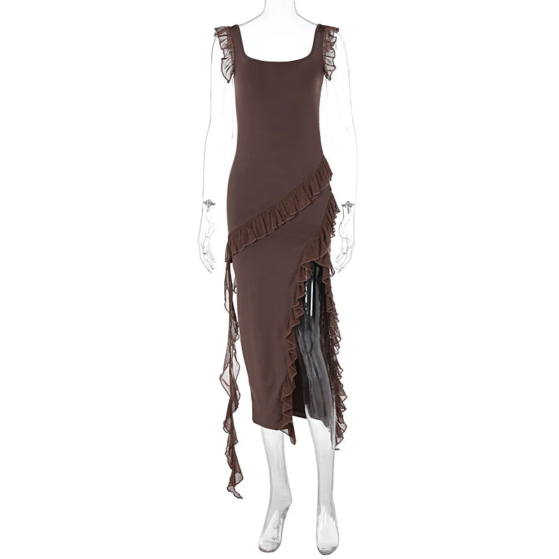 Women's Maxi Summer Autumn Wooden Splicing Temperament Graceful Vestidos Midi Dresses