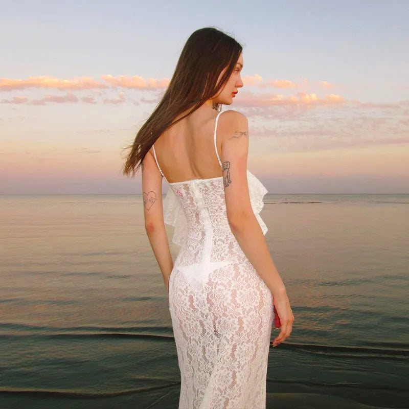 Women's Maxi White Spring Summer Suspenders Lowcut Slimfit Buttock Sophisticated Vestidos Midi Dresses