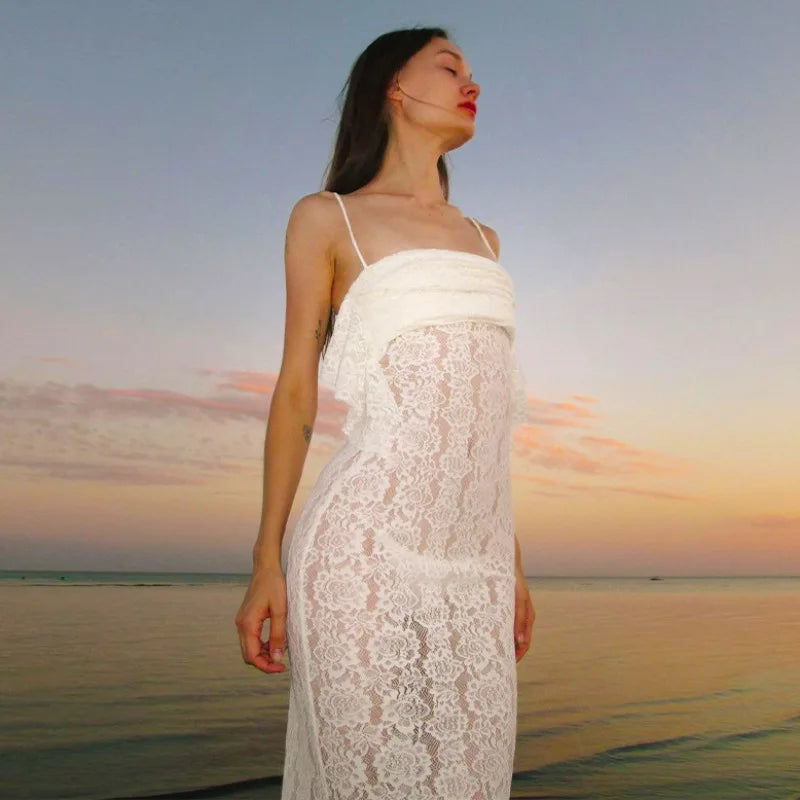 Women's Maxi White Spring Summer Suspenders Lowcut Slimfit Buttock Sophisticated Vestidos Midi Dresses