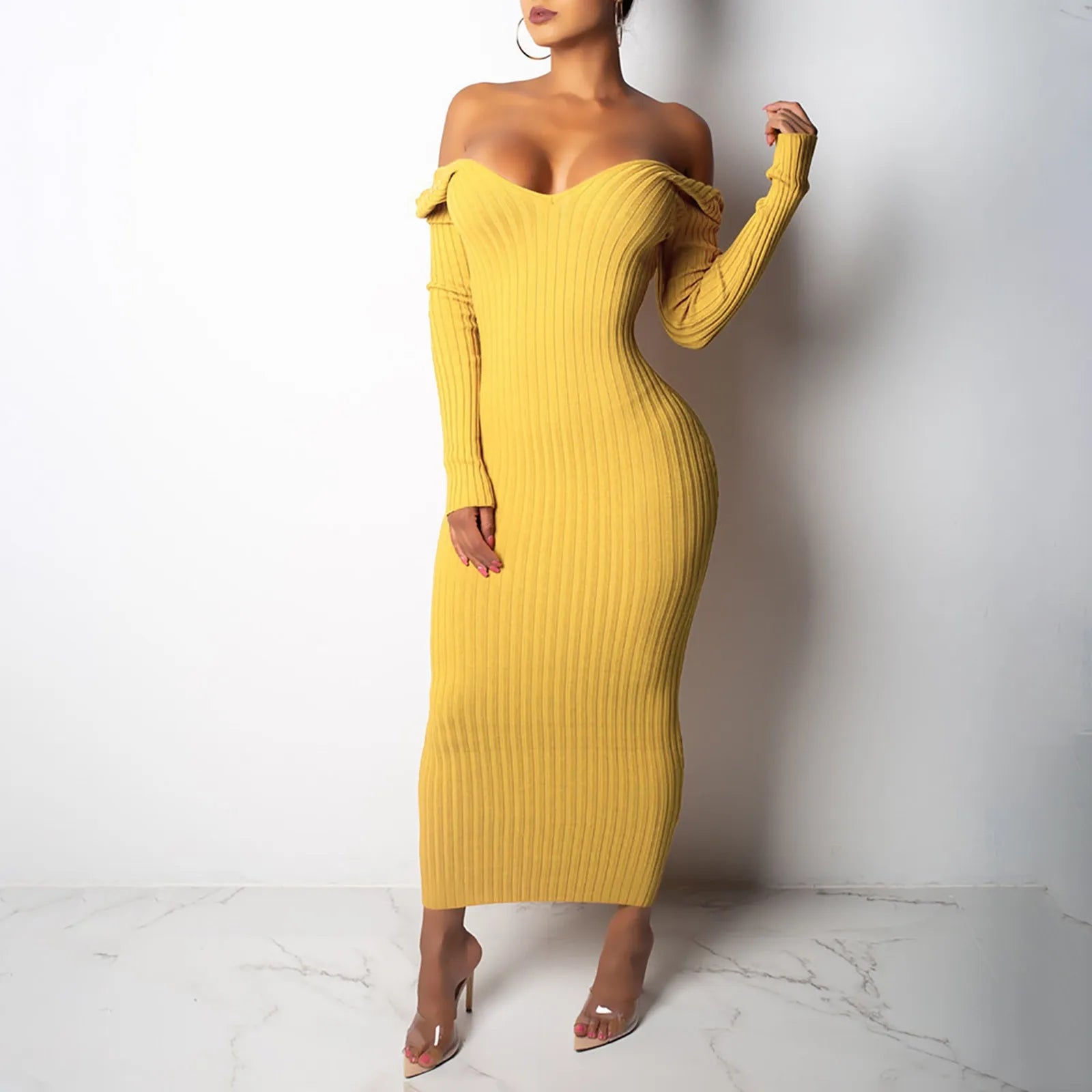 V Deep Neck Off Shoulder Rib Knit Midi Dress