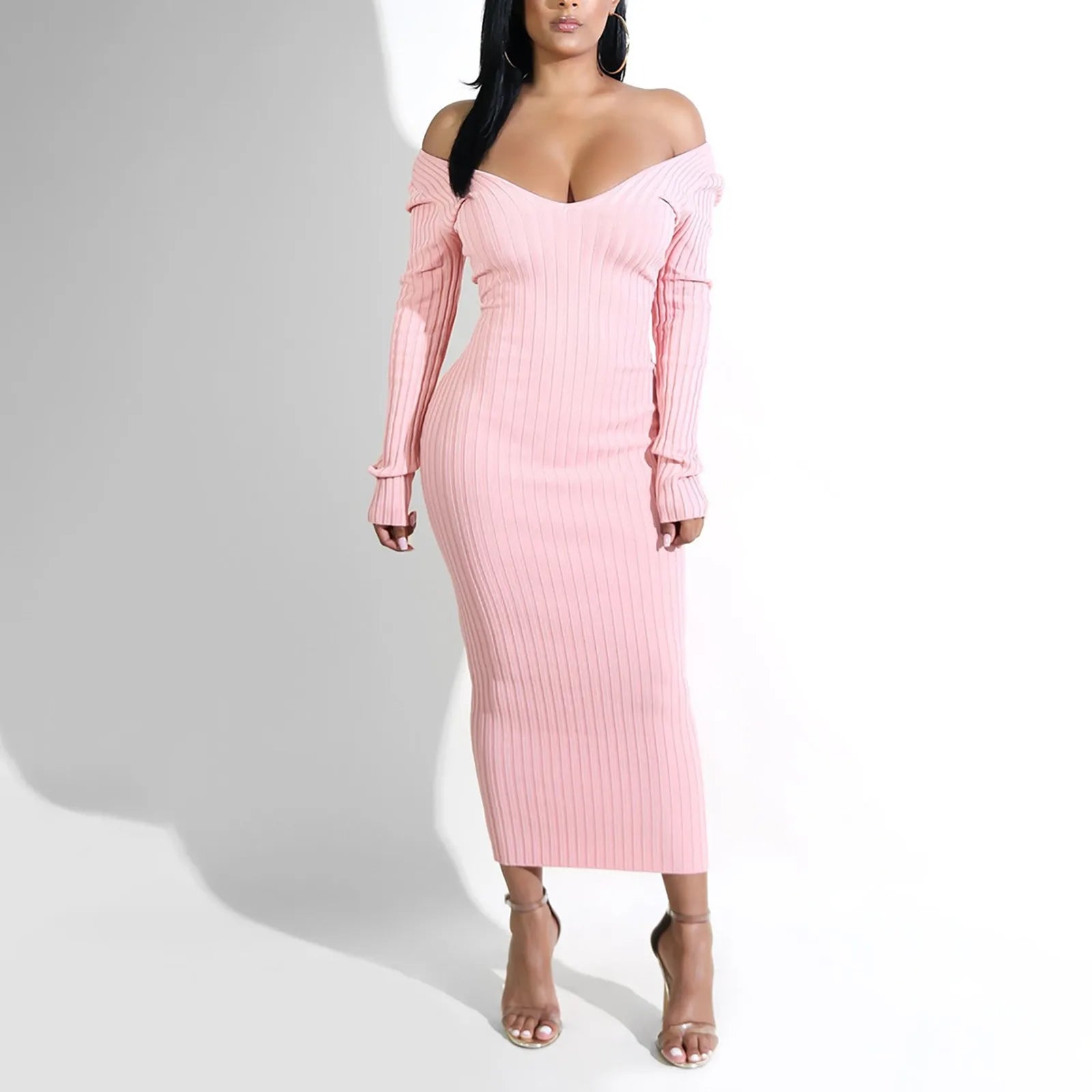 V Deep Neck Off Shoulder Rib Knit Midi Dress
