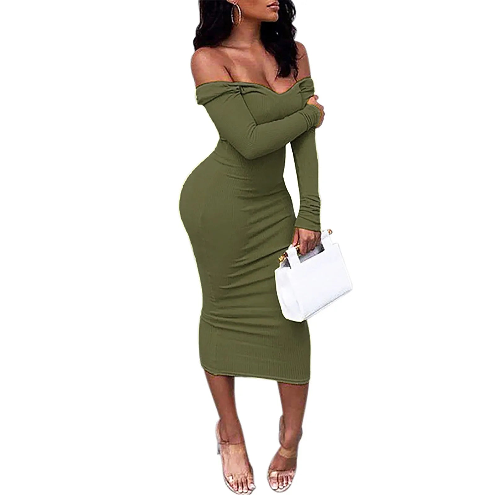 V Deep Neck Off Shoulder Rib Knit Midi Dress