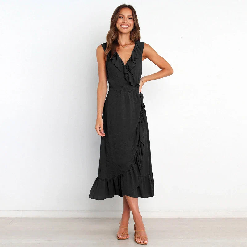 Ruffled Sleeveless Vneck Ruffled Highgrade Graceful Traf Midi Dresses