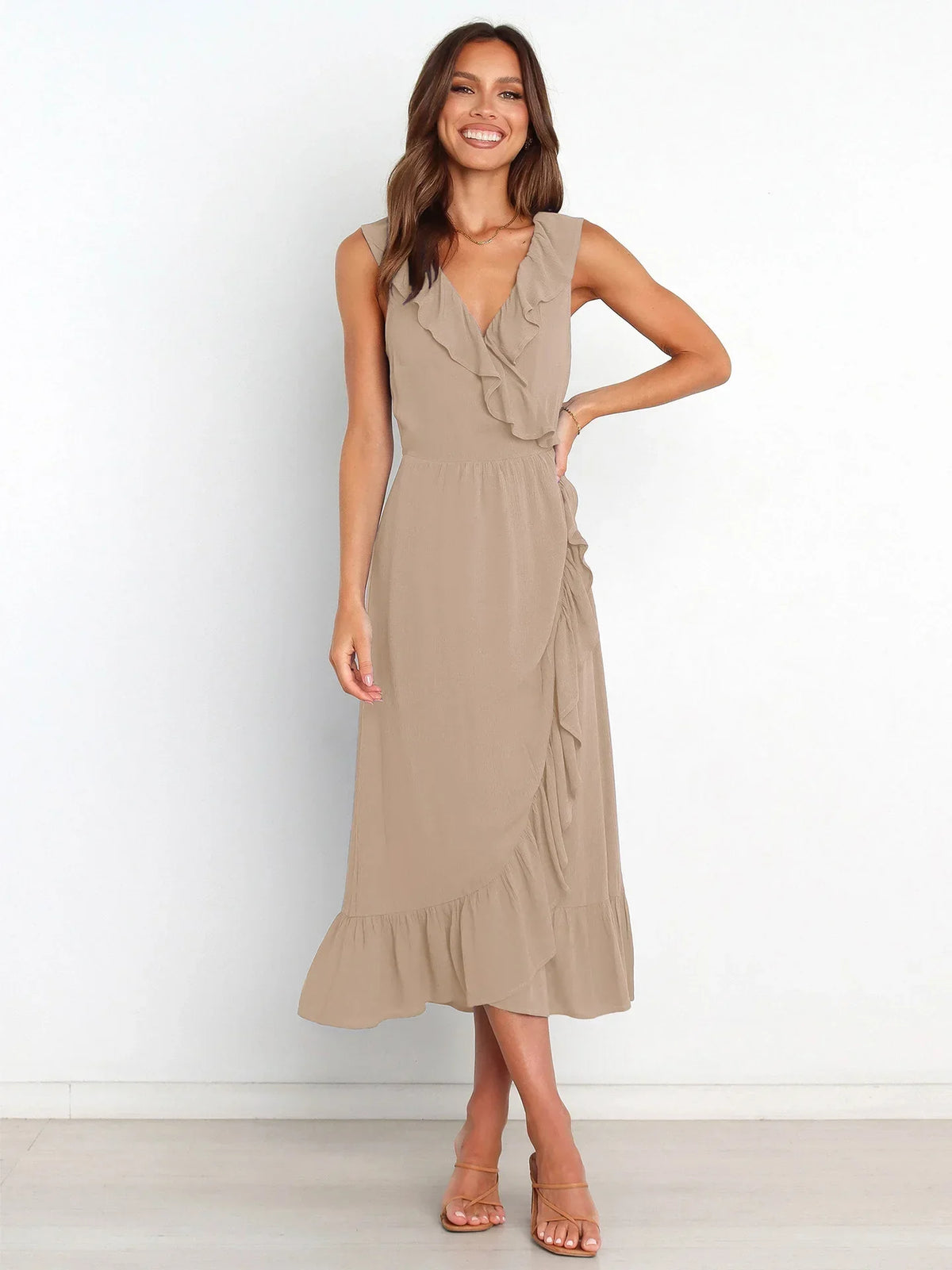 Ruffled Sleeveless Vneck Ruffled Highgrade Graceful Traf Midi Dresses
