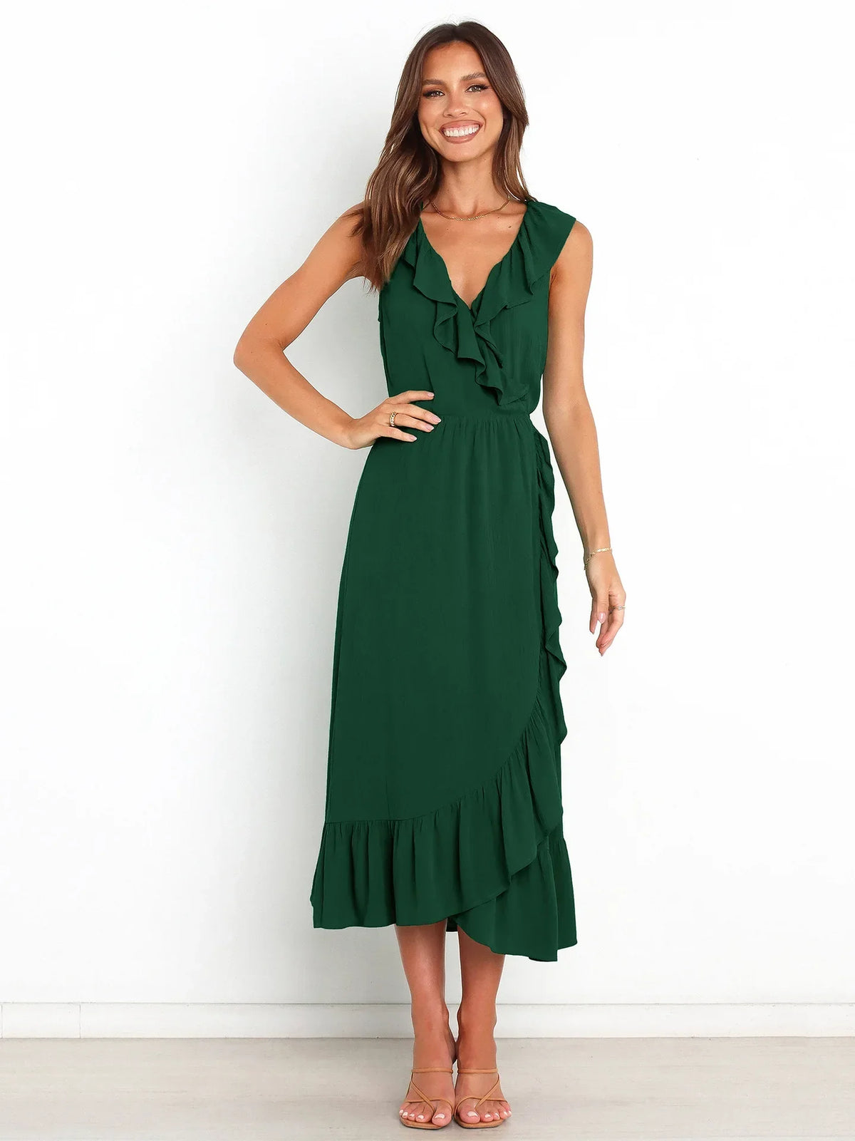 Ruffled Sleeveless Vneck Ruffled Highgrade Graceful Traf Midi Dresses