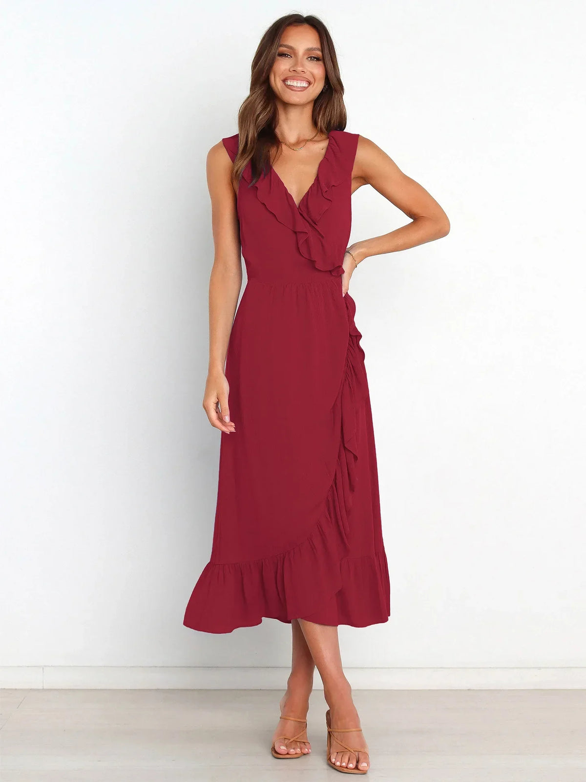 Ruffled Sleeveless Vneck Ruffled Highgrade Graceful Traf Midi Dresses