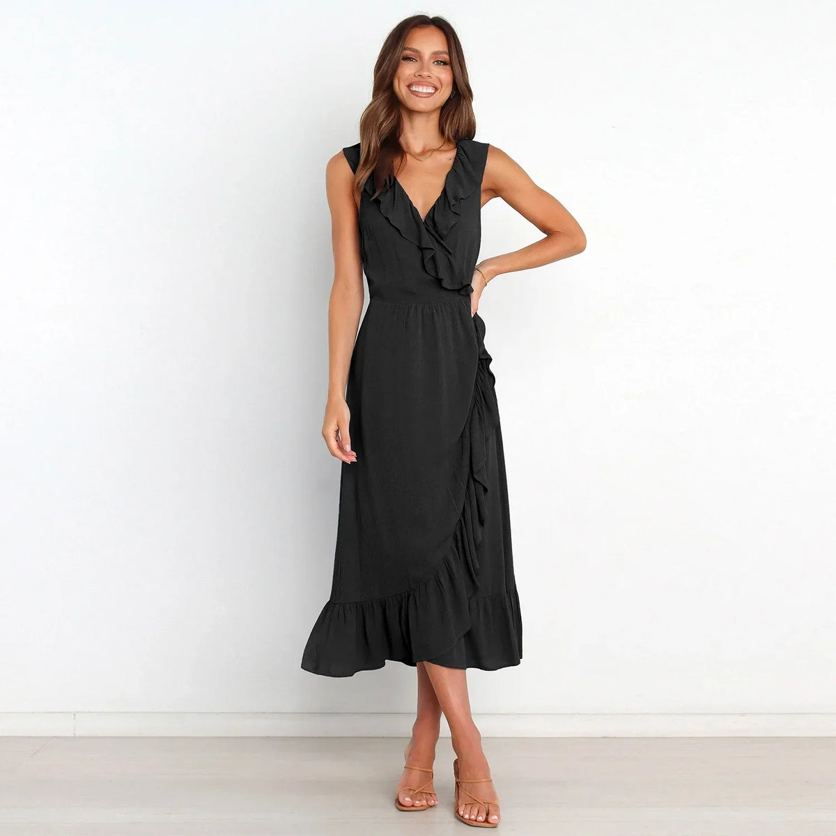 Ruffled Sleeveless Vneck Ruffled Highgrade Graceful Traf Midi Dresses
