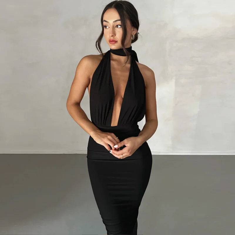 Bare Deep High Irregular Tight Female Midi Dresses