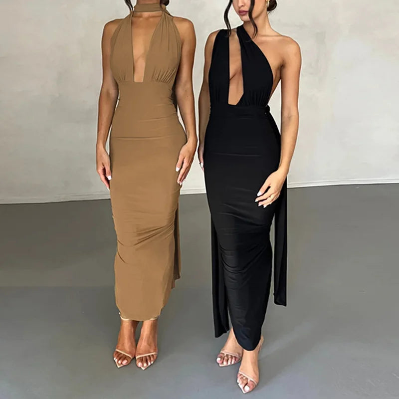 Bare Deep High Irregular Tight Female Midi Dresses