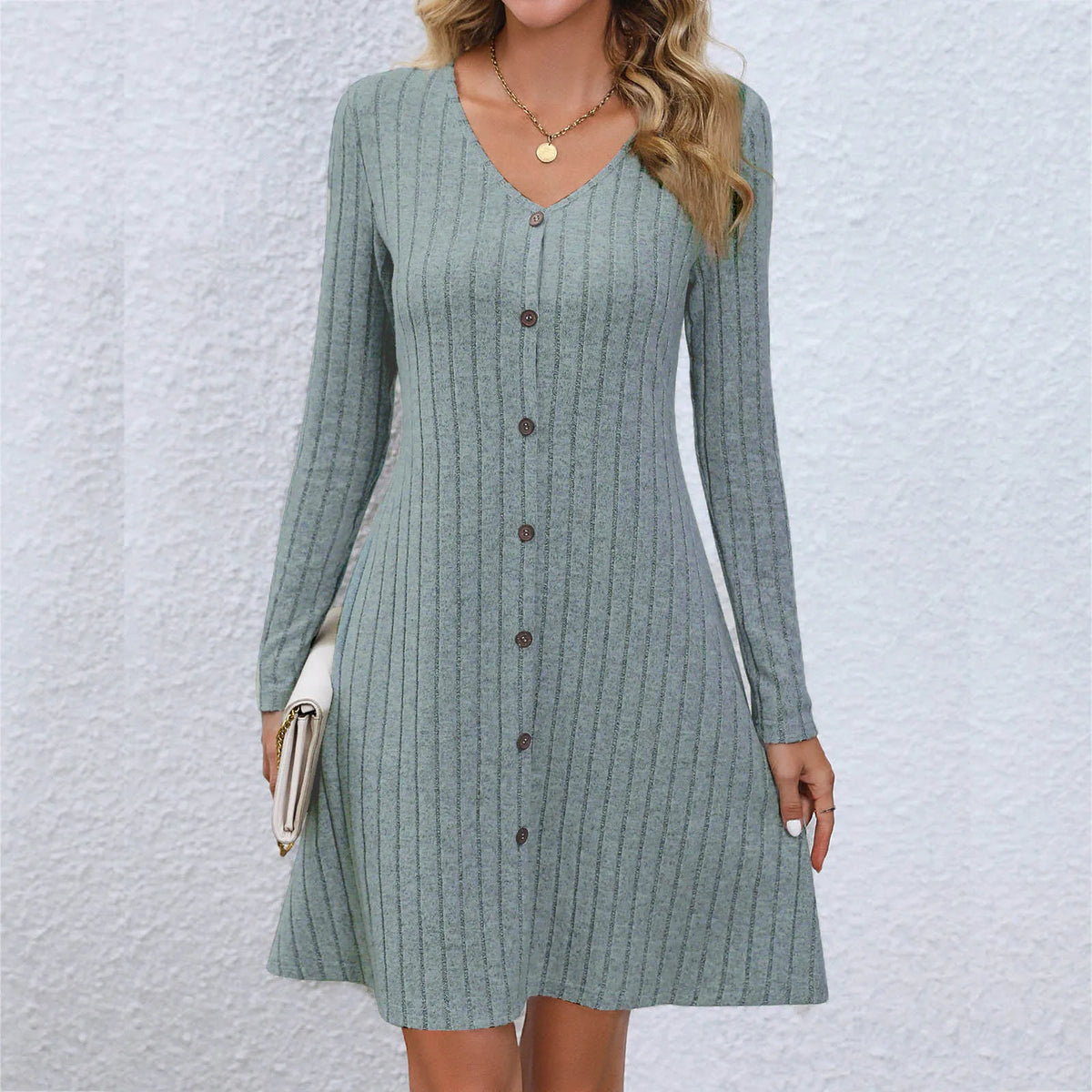 VNeck Chic Buttoned Waist Long Sleeve Solid Color Midi Dress