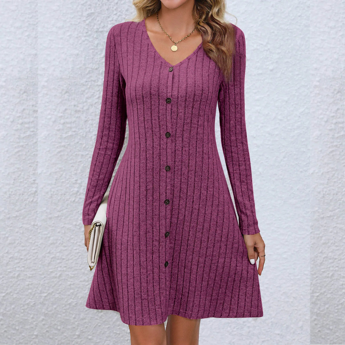VNeck Chic Buttoned Waist Long Sleeve Solid Color Midi Dress
