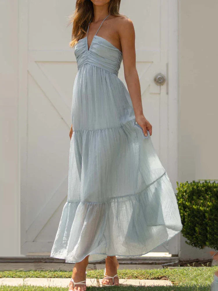 Women's Chiffon Halter V Neck Bloom Flowy A Line Boho Backless Tiered Midi Dresses