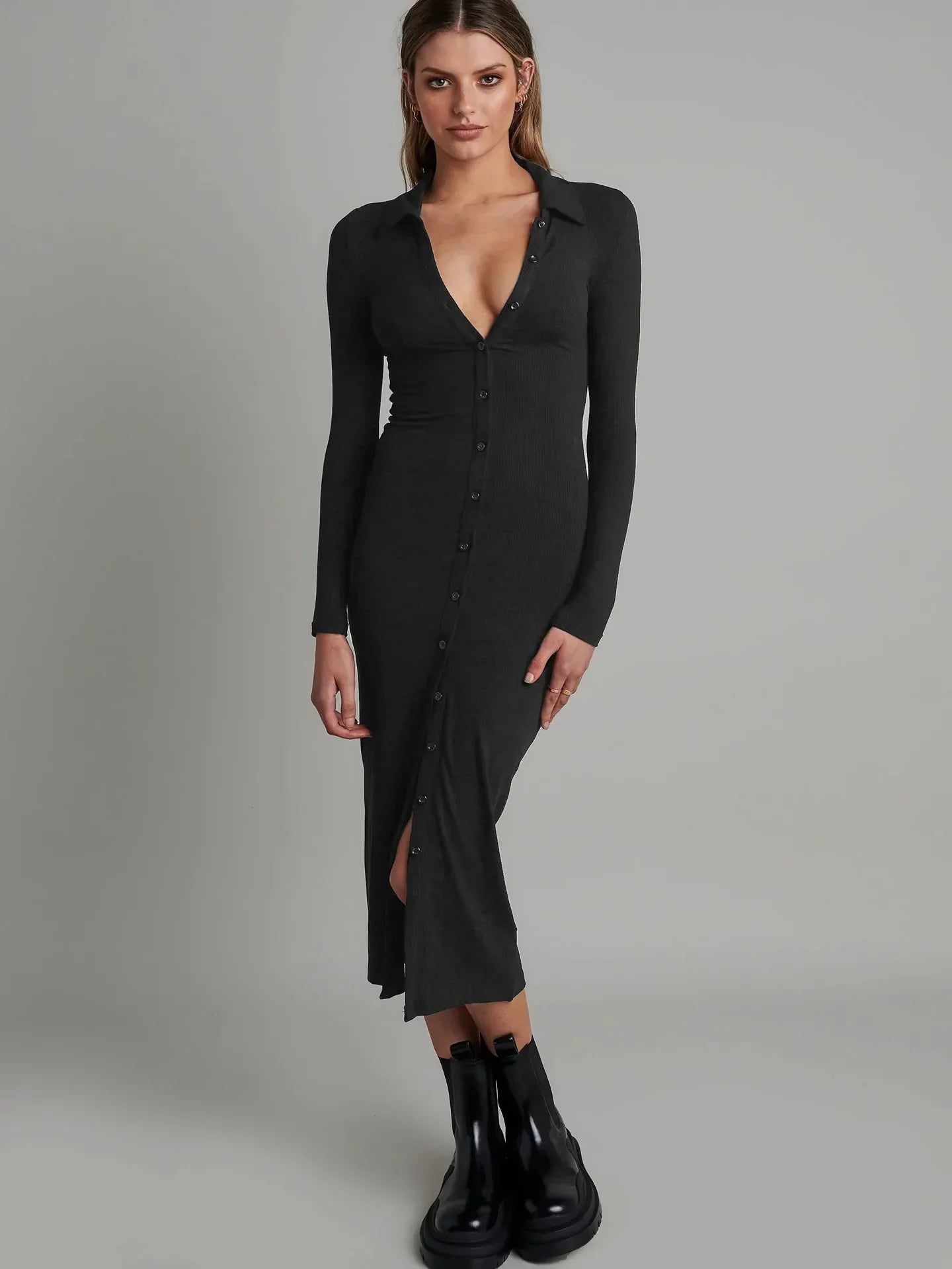 Bag Tight Hip Buttonup Ribbed Slim Midi Dresses
