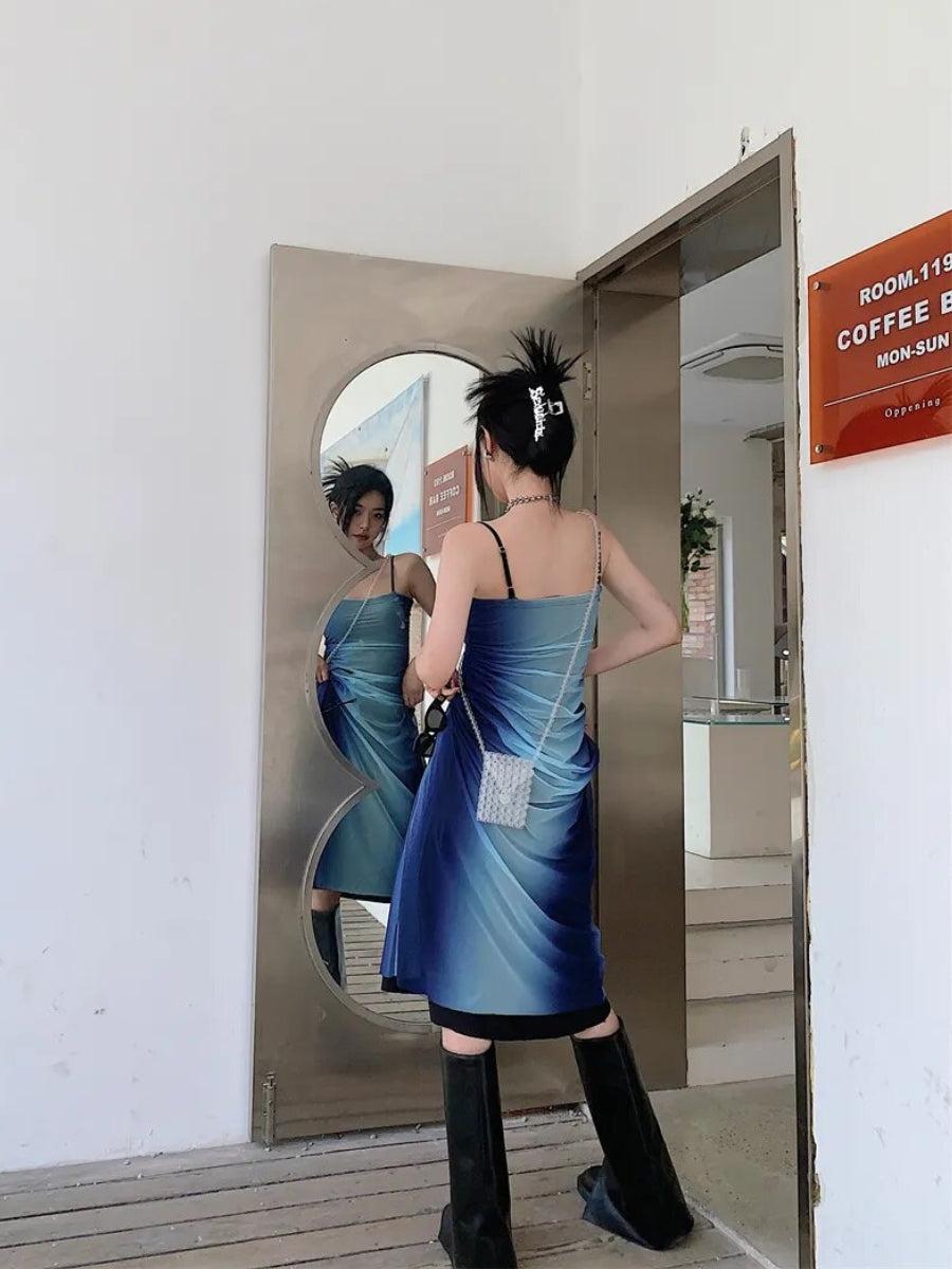 Blue Y2K Gradient Strappy Midi Dress