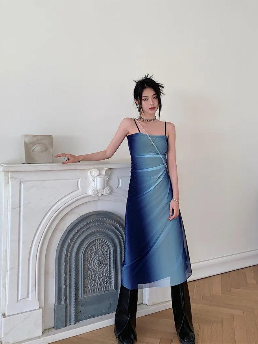 Blue Y2K Gradient Strappy Midi Dress