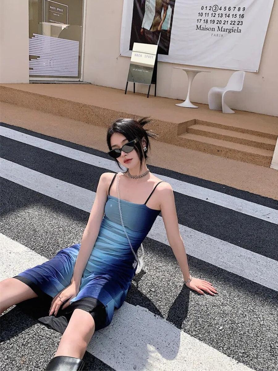 Blue Y2K Gradient Strappy Midi Dress