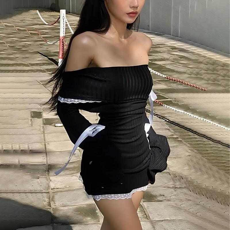 Corduroy Y2K Off Shoulder Bow Mini Dress