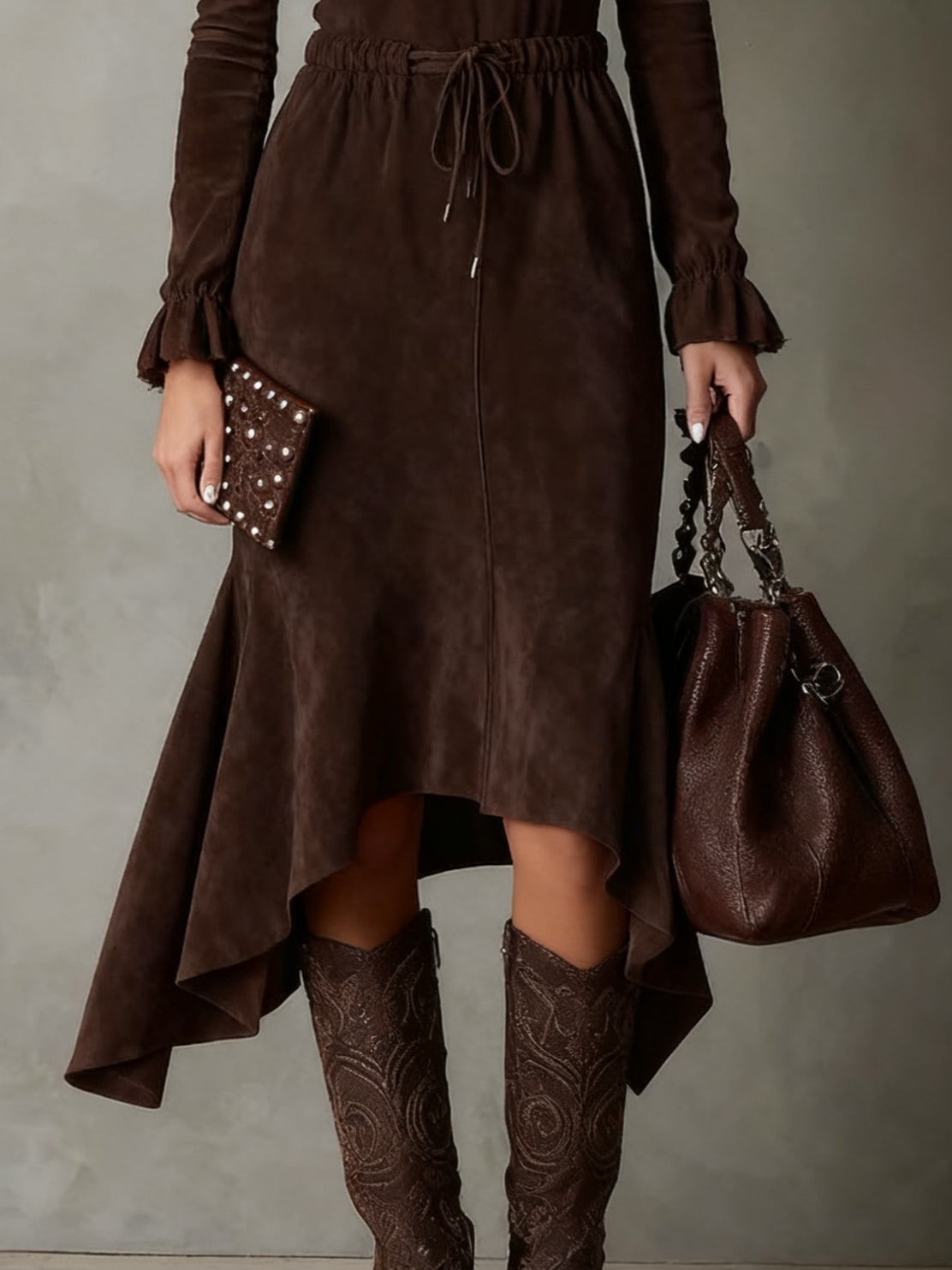 | Isla Suede Midi Dress with Tie Waist