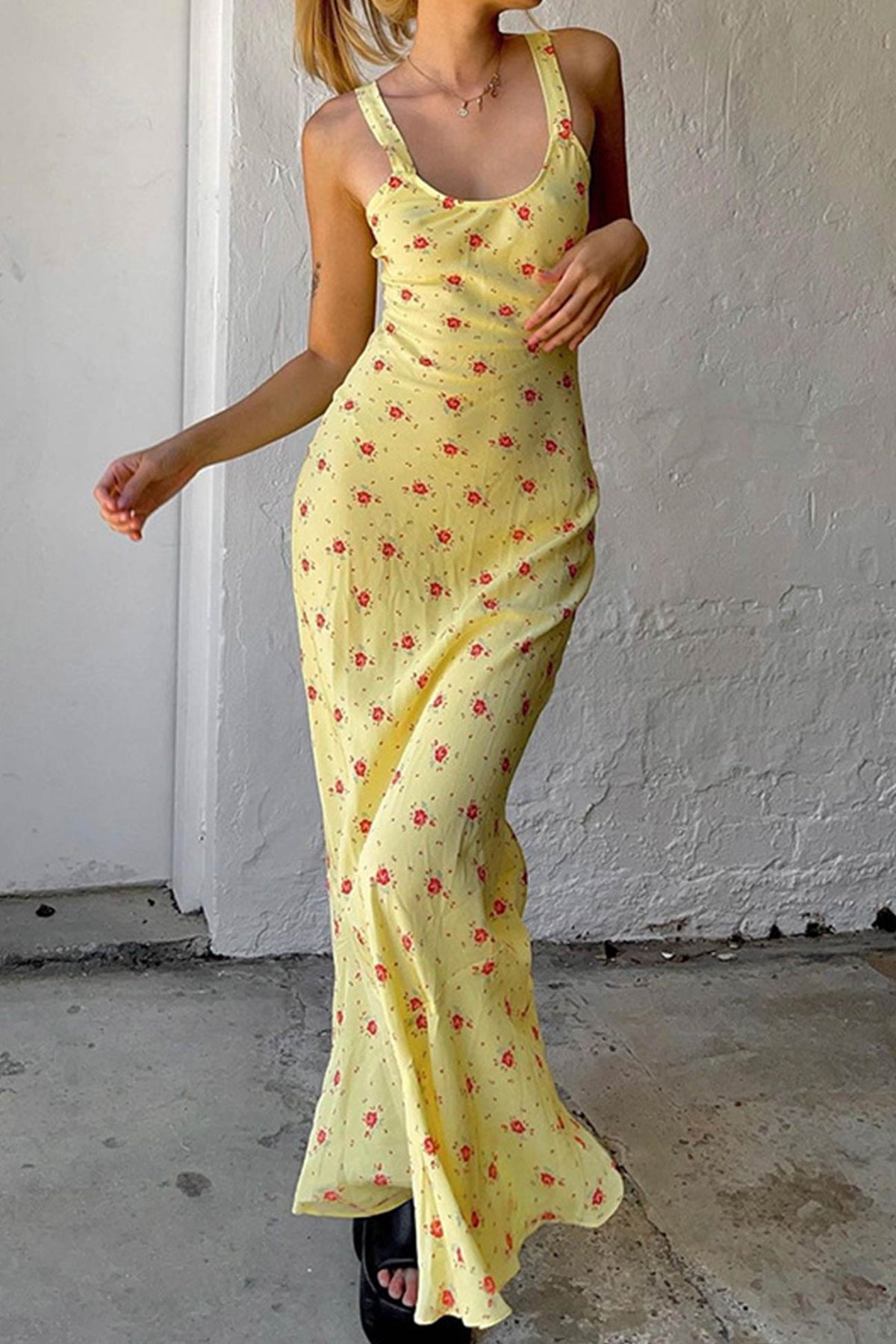 Yellow Scoop Neck Flower Tank Dress