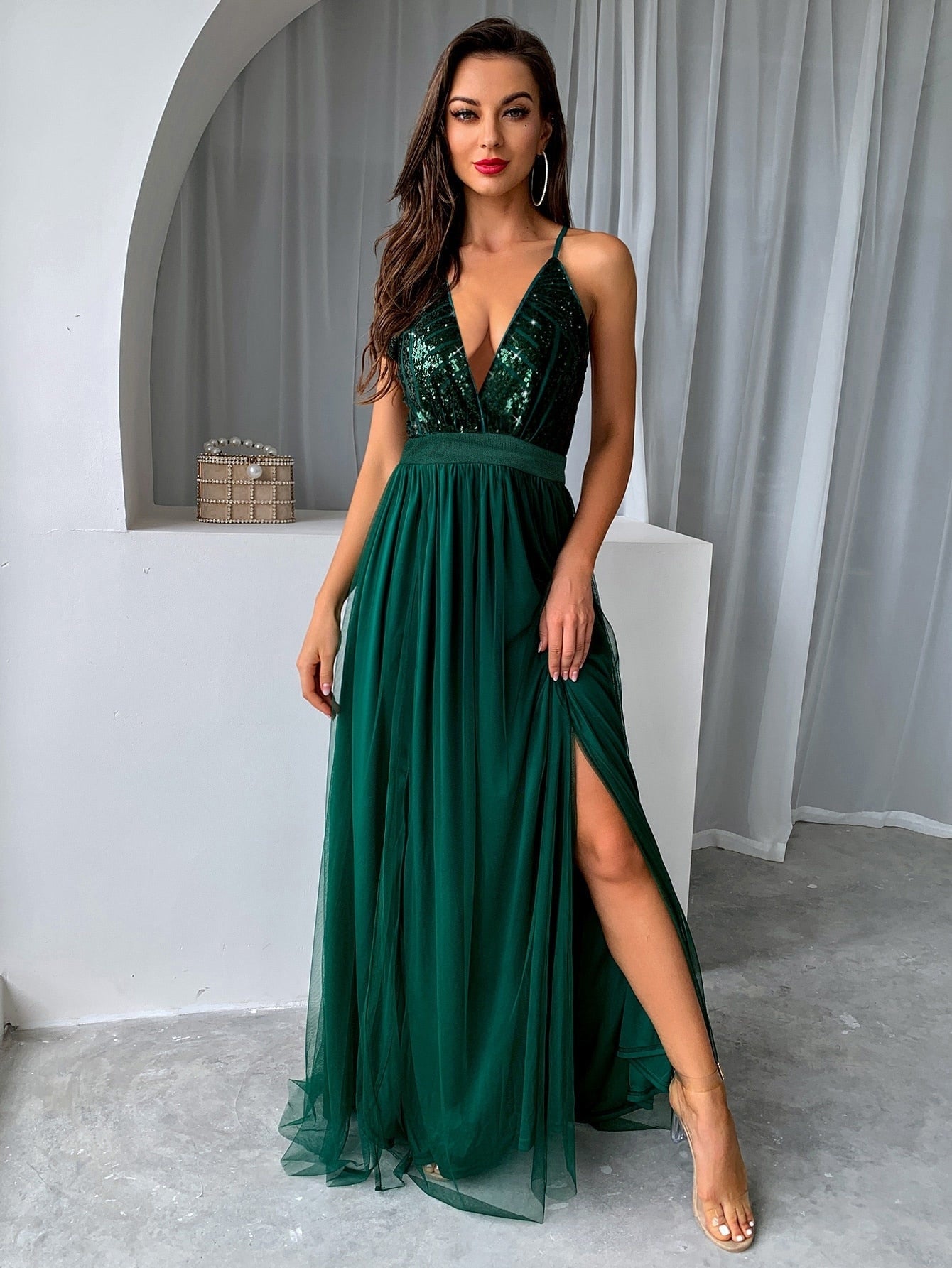 Kissnovaa - Graceful Sequins Mesh Stitching Long Party Dress