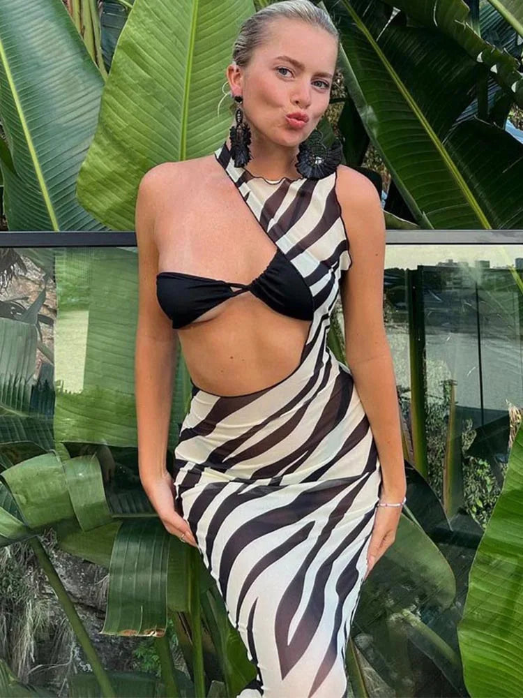 Transparent Zebra Striped Cut Out Vacation Midi Dresses