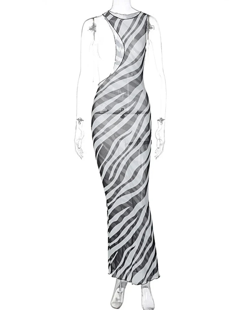 Transparent Zebra Striped Cut Out Vacation Midi Dresses