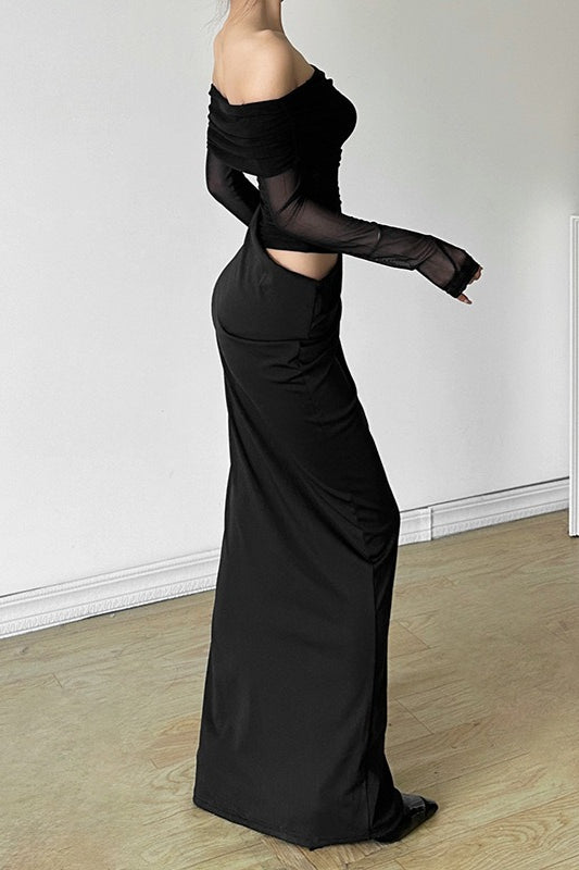 Off Shoulder Sheer Tulle Mesh Slim Fit Graceful Prom Dress