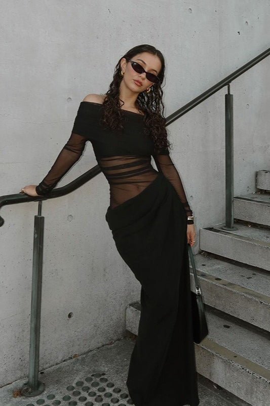 Off Shoulder Sheer Tulle Mesh Slim Fit Graceful Prom Dress