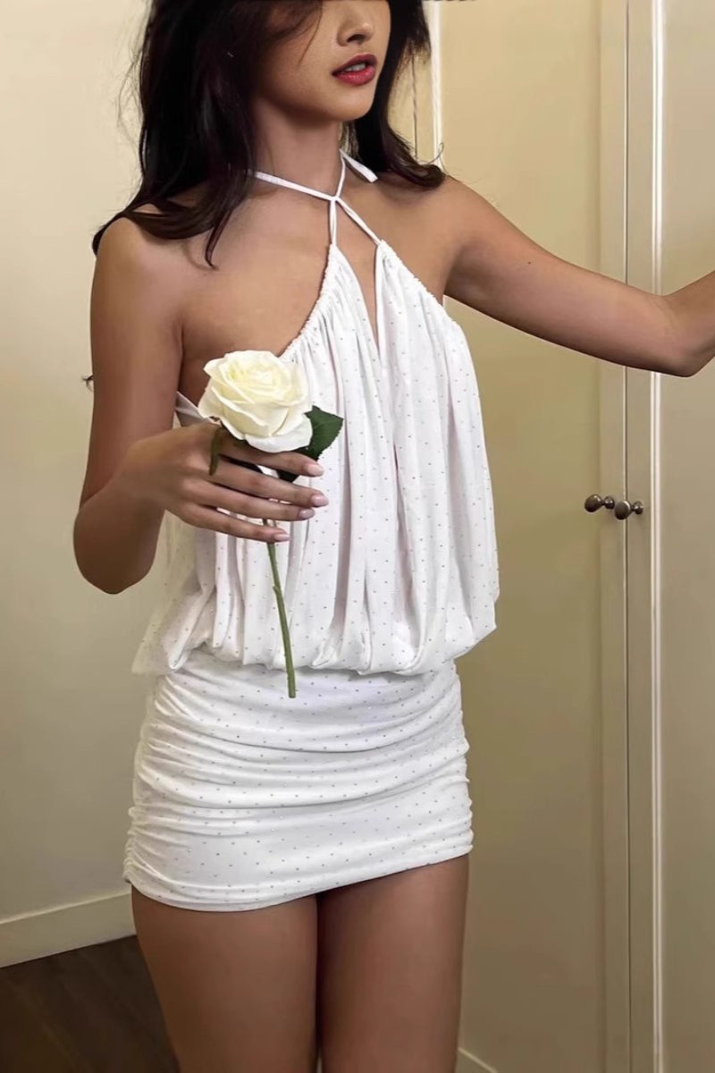 Rhinestone Halter Ruched Mini Dress