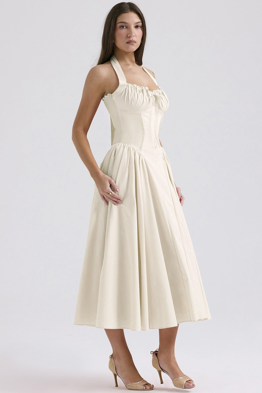 Flower Halter Lace Trim Long Sleeveless Prom Dress