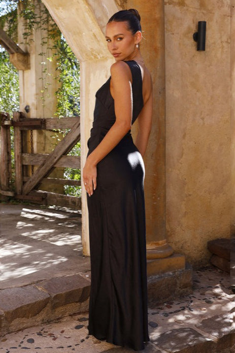 Satin Asymmetrical Shoulder High Slit Slim Fit Graceful Prom Dress