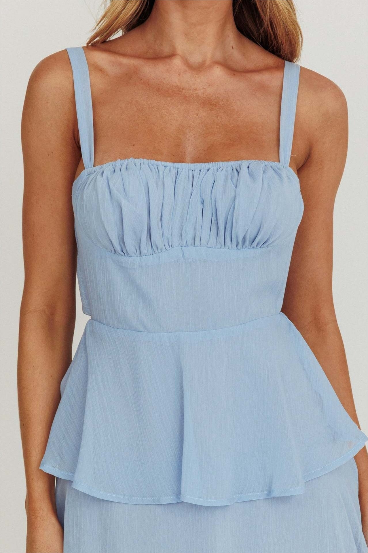 Alluring Backless Halter Tiered Ruched Waist Maxi Prom Dress