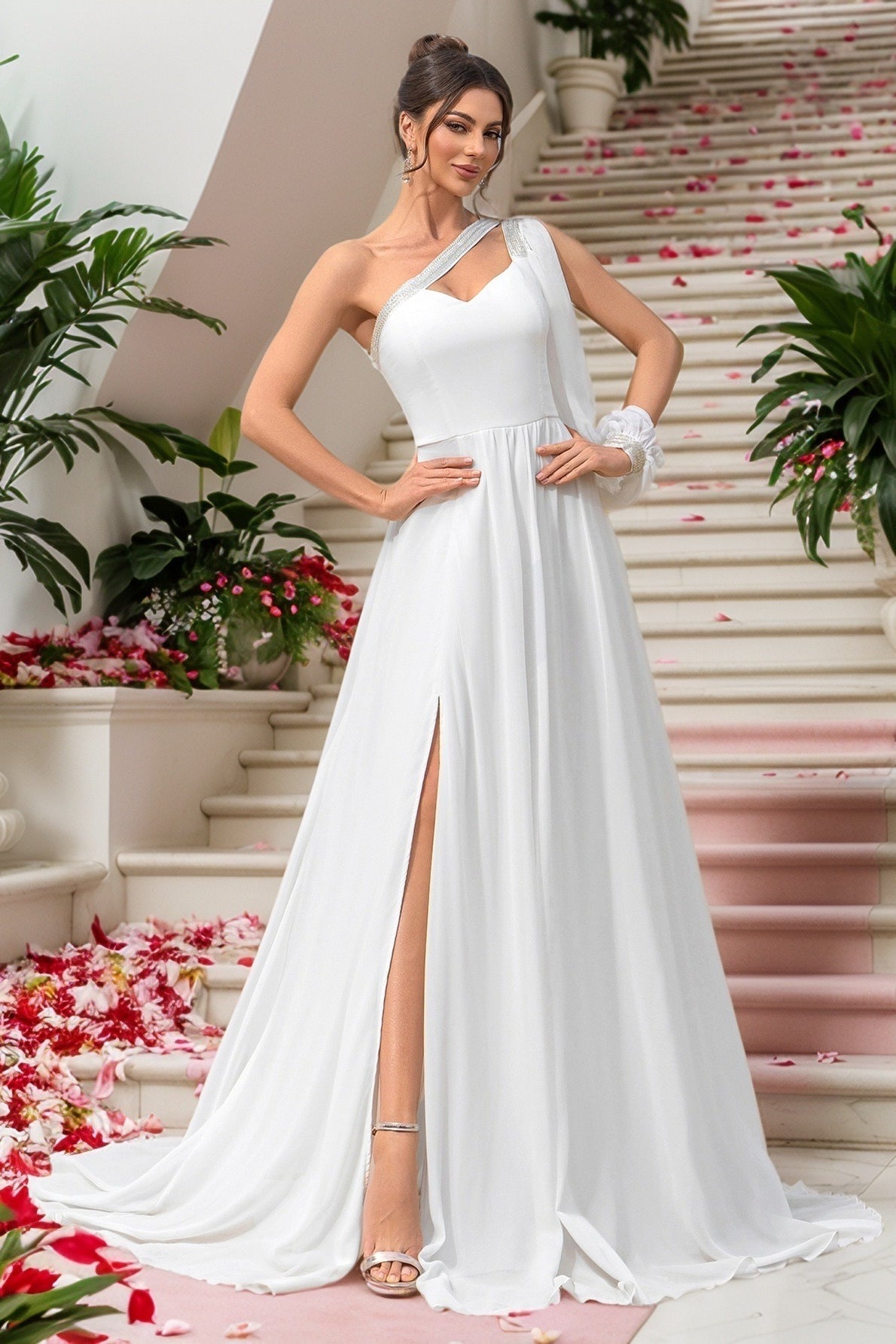 Asymmetric Gown Chiffon One Sleeved Prom Dress