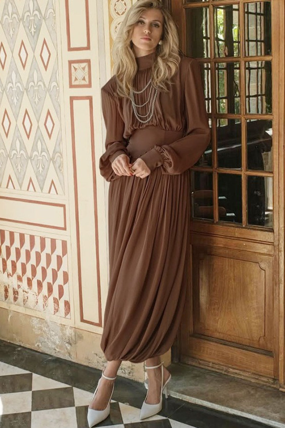 Puff Chiffon Sleeve Ruched Midi Dress