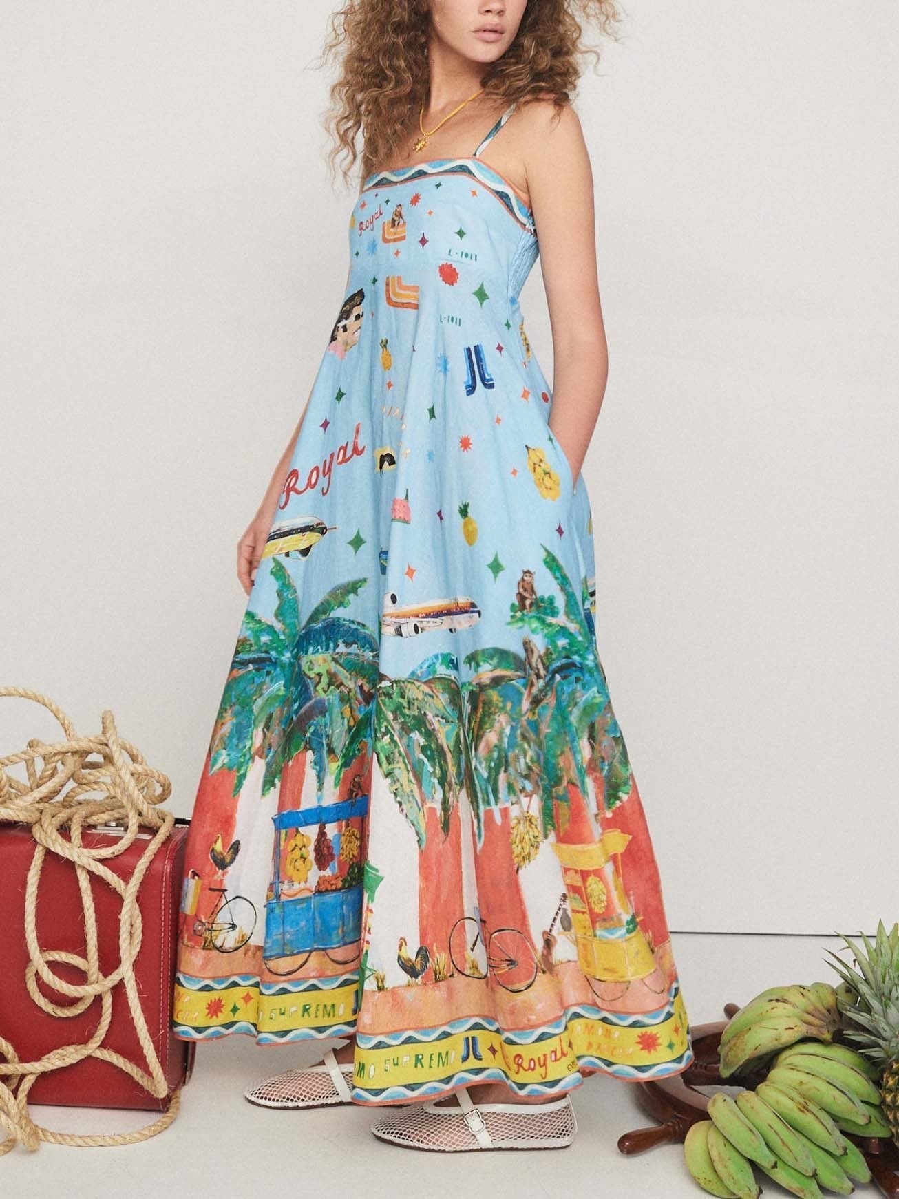 Painted Unique Island Print A Line Midi Dress